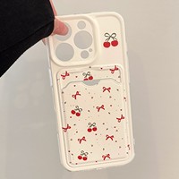 Coque de téléphone rétro avec nœud cerise et porte-cartes pour iPhone 17 Air, 16, 15, 14, 13, 12, 11 Pro Max, 16 Plus – Étui mignon et doux à motif de dessin animé