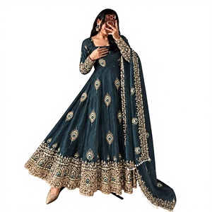 Robe Anarkali brodée vert foncé pour femme, longueur ras du sol, style traditionnel indien pakistanais, coupe ample, en soie extensible - Product Image 1