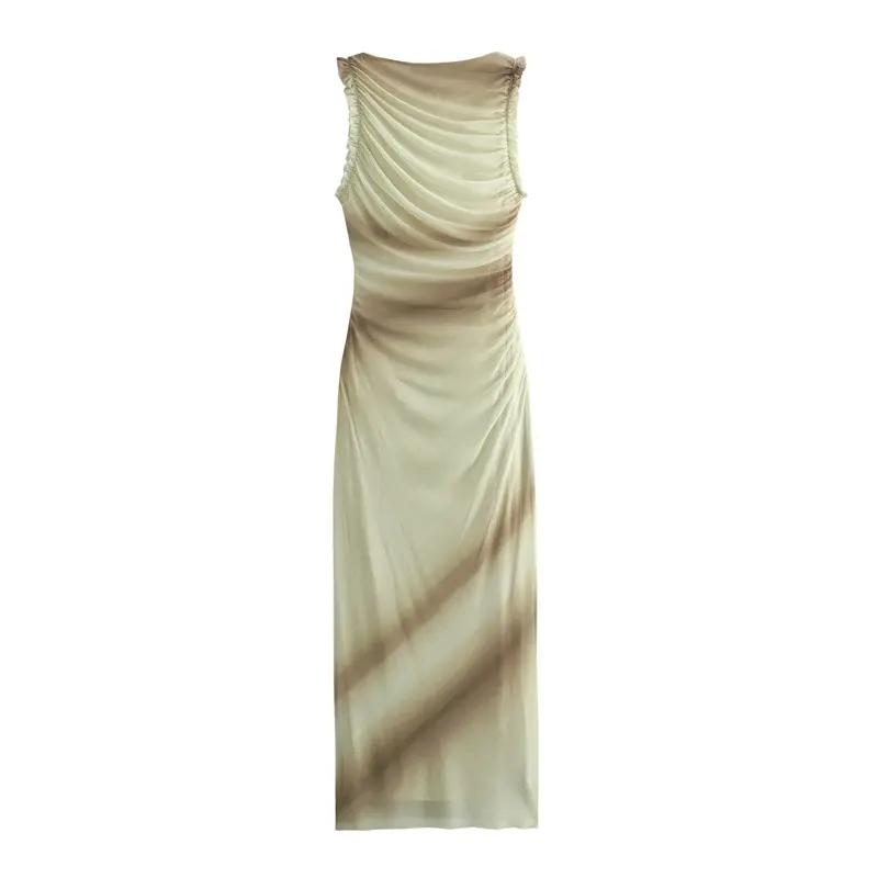 Damenkleidung O-Ausschnitt Einzellinien-Ausschnitt ärmellos Seiden-Stiftdruck langes Stilkleid Sommer sexy Kleider
