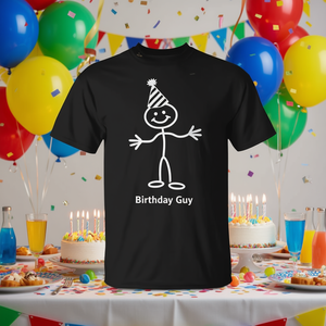 T-shirt pour homme d'anniversaire avec motif de bonhomme en bâton amusant et chapeau de fête - Product Image 3