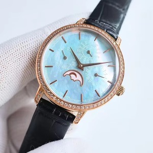 Montre mécanique automatique à phases lunaires et calendrier perpétuel, édition limitée personnalisée, boîtier en or, cadran bleu clair en nacre, montre de luxe - Product Image 6