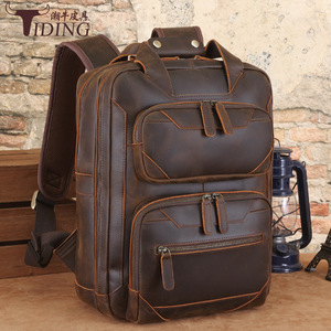 Tiding Retro Genuine Leather Laptop <b>Backpack</b> 15.6 Inch Men Outdoor Travel Durable Dark <b>Brown</b> - Product Image 1