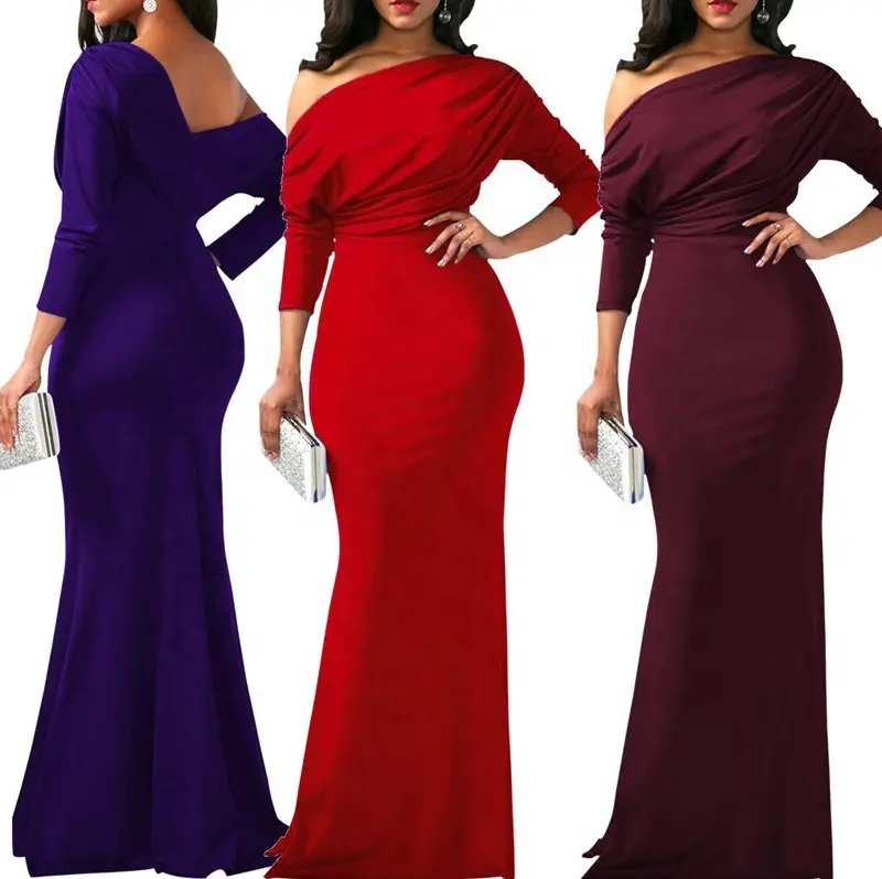 Y308022 kadınlar bir omuz uzun kollu pileli akşam elbise Vestidos De Mujer zarif Maxi Robe kadın