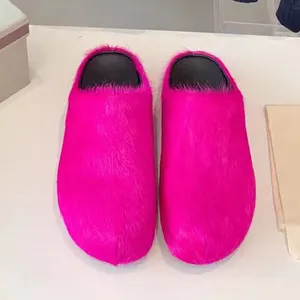 Mocasines de invierno de lujo para mujer, chanclas planas de piel auténtica, pantuflas peludas de felpa esponjosa de crin con logotipo personalizado