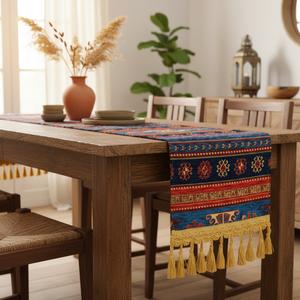 Traditional Kilim Patterned Woven Moroccan Fringe <b>Table</b> <b>Runner</b> - Product Image 3