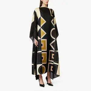 Aschulman Custom Black Long Scarf Silk Summer Geometric Print Kaftan Dresses Women Loose for Ladies