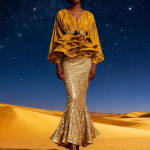 Conjunto de 2 piezas de moda africana para mujer: Camisa brillante con cuello en V, manga farol y dobladillo con volantes, y falda de cintura alta con lentejuelas - Product Image 4