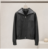 Veste en cuir de mouton noir vintage pour femmes, veste courte en véritable peau de mouton avec grand col et poches plaquées sur le devant