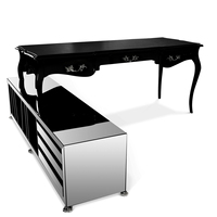 Bureau d'écriture moderne et écologique pour salon avec plateau en cuir noir, poignées en laiton et unité de rangement à miroir fumé