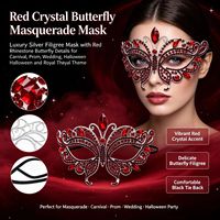 Masque de mascarade papillon en cristal rouge avec détails papillon en strass pour masque de luxe en filigrane argenté avec rouge