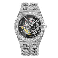 Herren Automatik-Armbanduhr Goldgehäuse Schwarzes Skelett-Zifferblatt Kristallbesetztes Edelstahl-Armband Hip-Hop-Uhr