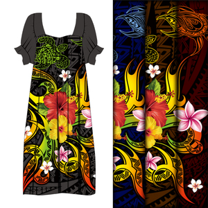 OEM/Impresión tribal de hibisco y Tortuga vibrante de tela polinesia de fondo negro al por mayor para vestido de resort, ropa de playa, camisa Aloha - Product Image 1