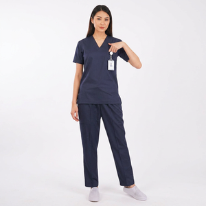 Ensemble de blouses et pantalons bleu marine pour femmes, col en V, uniforme d'hôpital, tissu tissé en coton et polyester - Product Image 1