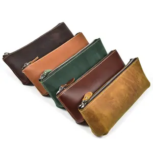 Vintage Crazy House Genuine Leather Pencil Case Bag Custom Zipper Pencil Pouches Holder Tool Pouch