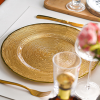 Assiette de présentation en verre décorative de luxe pour mariage, vente en gros, 13 pouces, dorée avec bordure dorée, assiettes rondes créatives pour événements, hôtels
