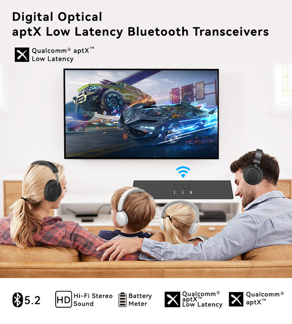 AptX Low Latency Wireless Transmitter and Receiver, Bluetooth Audio Adapter, Portable, for TV, Headphones, Speakers, Camera