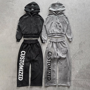 Ensemble survêtement streetwear <span class=keywords><strong>homme</strong></span> en molleton 100% coton, double épaisseur, effet vieilli, en French Terry lourd, avec sweat à capuche et pantalon de survêtement - Product Image 1