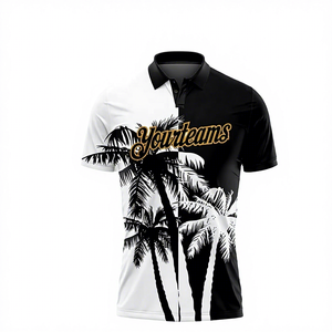 Polo pour homme noir et blanc imprimé, manches courtes, décontracté, respirant, en polyester tricoté, logo sur le devant - Product Image 1