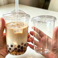 Cangkir Plastik PET sekali pakai dengan logo stadion custom, diameter 90mm, ukuran 8oz, 12oz, 16oz, 24oz, untuk smoothie, termasuk tutup dan sedotan.