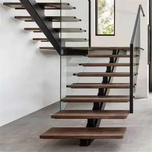 CBMmart Top End Design Handrail Railing Solid White Oak Wood Stairs Carbon Steel Single Stringer Staircase