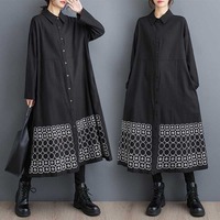 Nouvelle Robe Chemise Trapèze Femme Printemps 2026, Coupe A-Line, Manches Longues, Grande Taille, Broderie Florale, Ourlet Midi, Ample et Décontractée, Noire