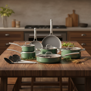 Conjunto de Utensílios de Cozinha Ecológicos de Cerâmica Verde Antiaderente, 13 Peças de Panelas e Frigideiras para Indução com Utensílios para Cozinha Saudável - Product Image 1