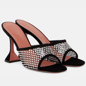 Summer Women Mesh Upper Sandals Open Toe Shoes Bling Diamonds <b>Fishnet</b> Mules High Kitten Heels on Pumps for Ladies - Product Image 6