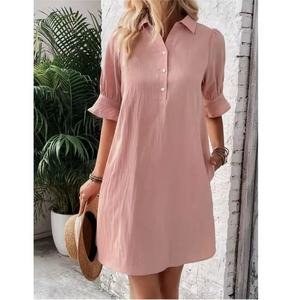 Camicia europea americana abito da donna largo Casual tinta unita mezza manica <span class=keywords><strong>a</strong></span> linea Mini abito da spiaggia - Product Image 5