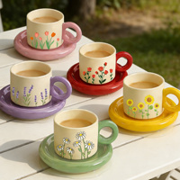Tasse à café en porcelaine à motif de plantes vertes européennes avec poignée ronde, ensemble tasse et soucoupe en céramique personnalisé