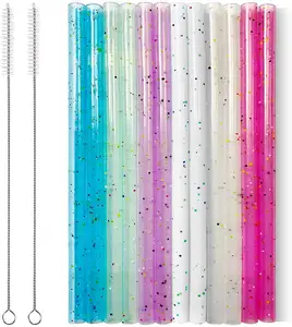 12 buah sedotan minum dapat digunakan kembali sedotan silikon berwarna-warni Glitter bening sedotan minum tidak dapat pecah dengan 2 buah sikat pembersih