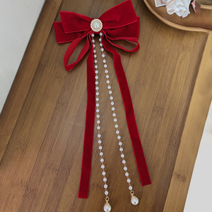 Jepit Rambut Kain Pita Merah Elegan dengan Rantai Mutiara, Pita Kristal Vintage, Jepit Rambut Wanita untuk Pesta Pernikahan, Pengantin, Buatan Tangan Berkualitas Tinggi - Product Image 6