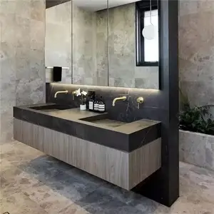 Armário de banheiro de madeira moderno com pia dupla à prova d'água