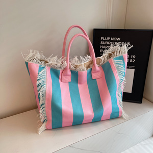 Fashion Trend Women Large Capacity Casual Travel Striped Handmade Tassel Handbag Light Luxury <b>Canvas</b> <b>Totes</b> - Product Image 2