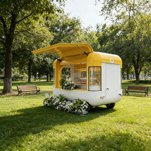 Carrito de Postres Móvil de Acero Inoxidable con 4 Ruedas, Decoración Floral Personalizada en Amarillo y Blanco para Helados, Comida Rápida, Mercado Nocturno y Pastelería - Product Image 3