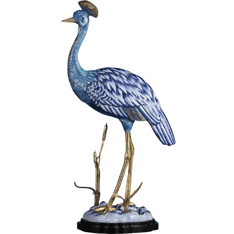 European high temperature ceramic animal decoration porch soft home decoration blue and white porcelain red-crowned crane