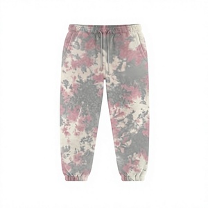 Pantalon de jogging tie-dye pour homme, taille élastique avec cordon de serrage, motif gris, rose et blanc, style plat sur le devant - Product Image 1