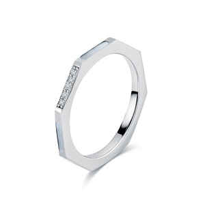 Diamond Encrusted White Seashell <b>Titanium</b> Steel <b>Ring</b> Round Brilliant Cut Wedding Band Unisex Jewelry K R750 - Product Image 1