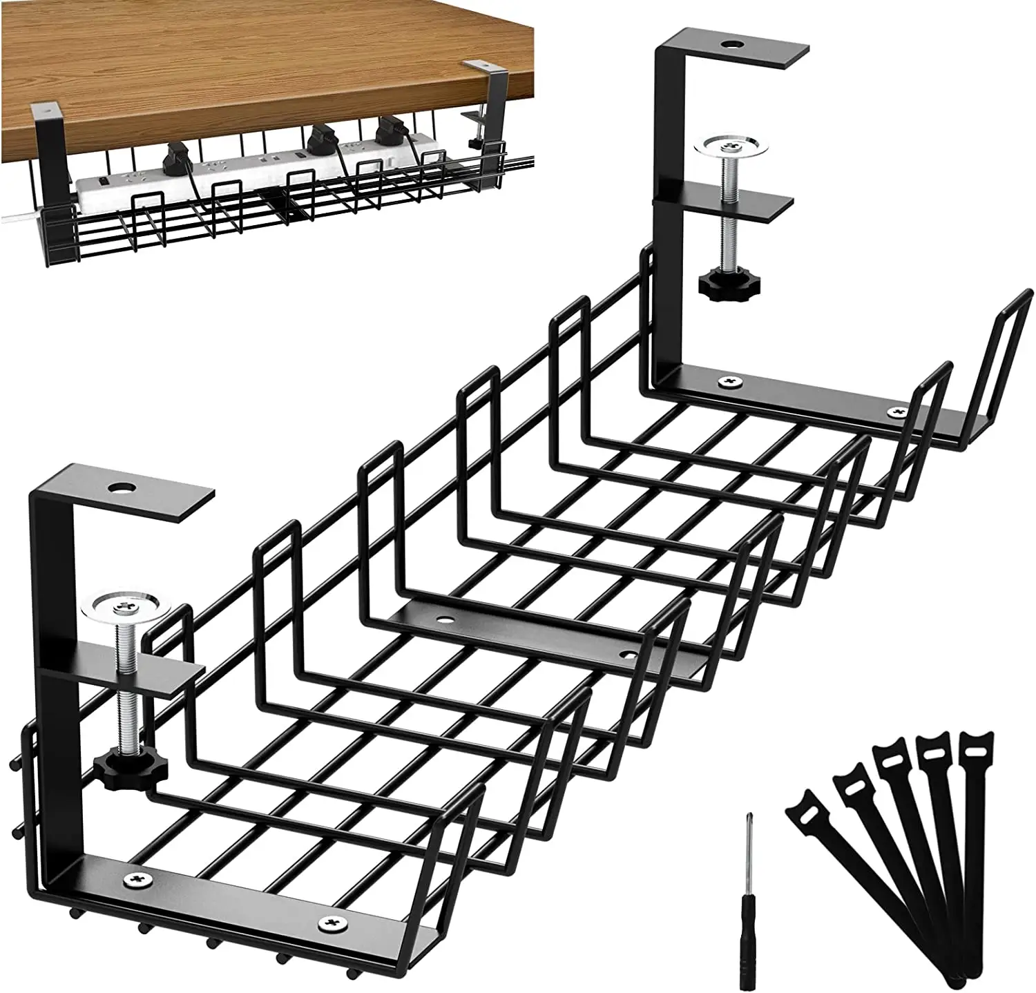 No Drill Cable Tray Basket for Wire Management, Sturdy Metal Cable Management Under Desk with Clamp for Home Office