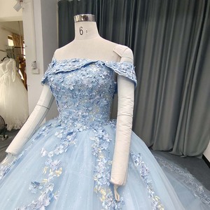 ANY249 Beautiful Blue Off Shoulder Appliqued Flower Evening Party Puffy Gowns Dress - Product Image 5