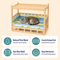 Lit pour animaux à deux niveaux en bois de pin naturel avec coussin rayé, plateau de rangement supérieur et cadre surélevé – Mobilier portable d'été pour animaux