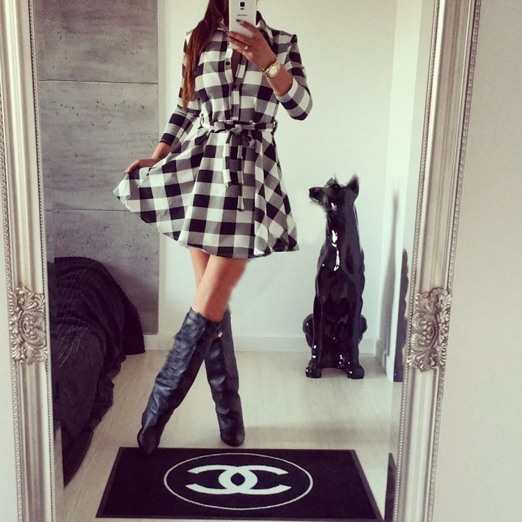 New Fashion Women's Long Sleeve Black and White Plaid Shirt Dress - Casual  Pencil Dress with V-Neck and Button Detail