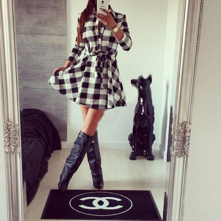New Fashion Women Black And White Plaid Shirt Dress With Long Sleeve Bandages Dress