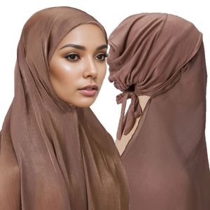 Châle islamique d'hiver en mousseline pour femme, foulard hijab instantané effet soie, bonnet long - Product Image 1