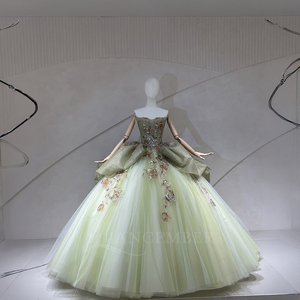 Spjy002 Elegante Vestido de Quinceañera Verde Claro, Sin Tirantes, con Corsé, Apliques de Flores con Lentejuelas, Vestido de Tul con Falda Abultada, Jancember - Product Image 2