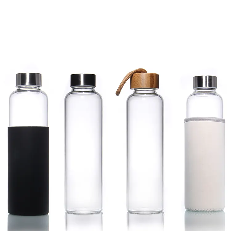 Campione gratuito 350Ml 500Ml 16Oz 700Ml 1L bottiglia d'acqua in vetro borosilicato trasparente con coperchio in acciaio inossidabile
