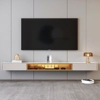 Meuble TV mural flottant de luxe italien moderne GECKO D028-200 en bois avec plateau en pierre frittée, console multimédia avec éclairage LED et rangement pour salon