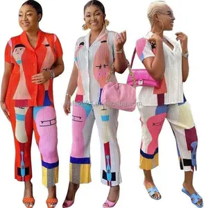 J&H fashion Plus Size Ropa Mujer Modern Art Print 2 Piece Sets Shortsleeve Collar Shirt Wide Leg Pants Business Attire