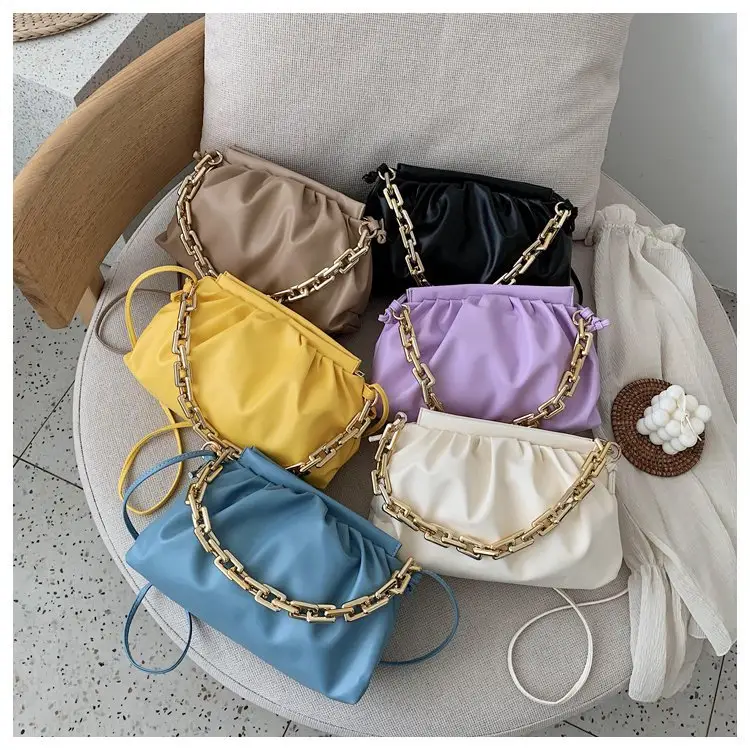 New Soft Leather Ruched Pattern Cloud Shape gold plating Chain Woman Shoulder Bag Handbag