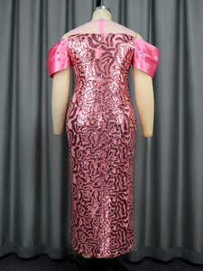 <strong>Cold</strong> <strong>Shoulder</strong> Mesh Satin Sleeves Women Pink Sequin Glitter <strong>Maxi</strong> Evening <strong>Dress</strong> - Product Image 6