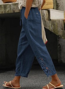 <span class=keywords><strong>Pantaloni</strong></span> Casual da Donna <span class=keywords><strong>a</strong></span> <span class=keywords><strong>Vita</strong></span> <span class=keywords><strong>Alta</strong></span> <span class=keywords><strong>con</strong></span> Coulisse, Orlo in Pizzo, Tasche e <span class=keywords><strong>Bottoni</strong></span>, Leggeri e Comodi - Product Image 2